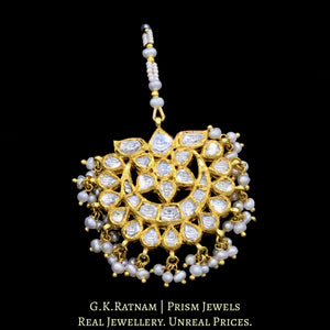 18k Gold and Diamond Polki Maang Tika with Natural Freshwater Pearls