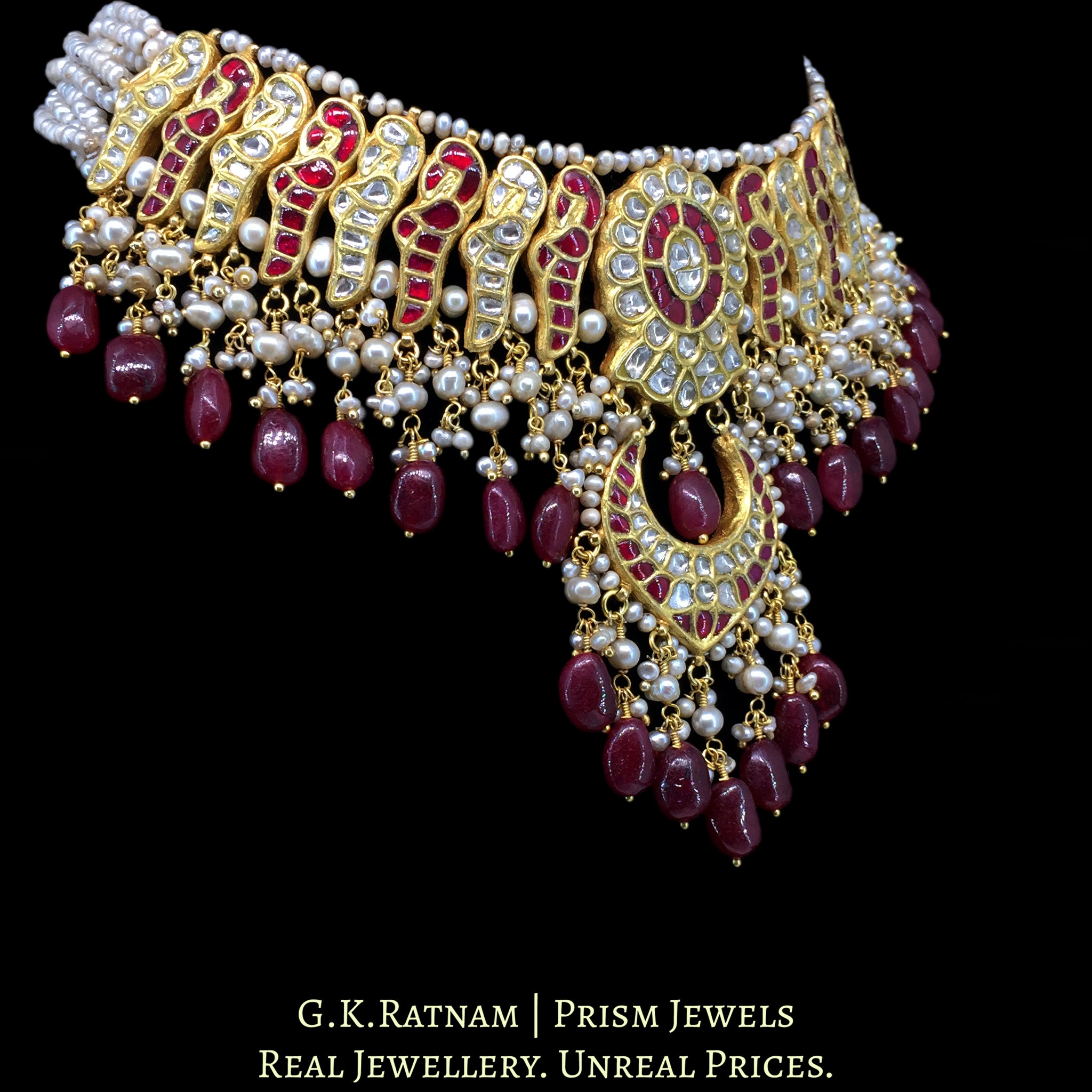 23k Gold and Diamond Polki Choker Necklace Set enhanced with Rubies and Antiqued Freshwater Pearls