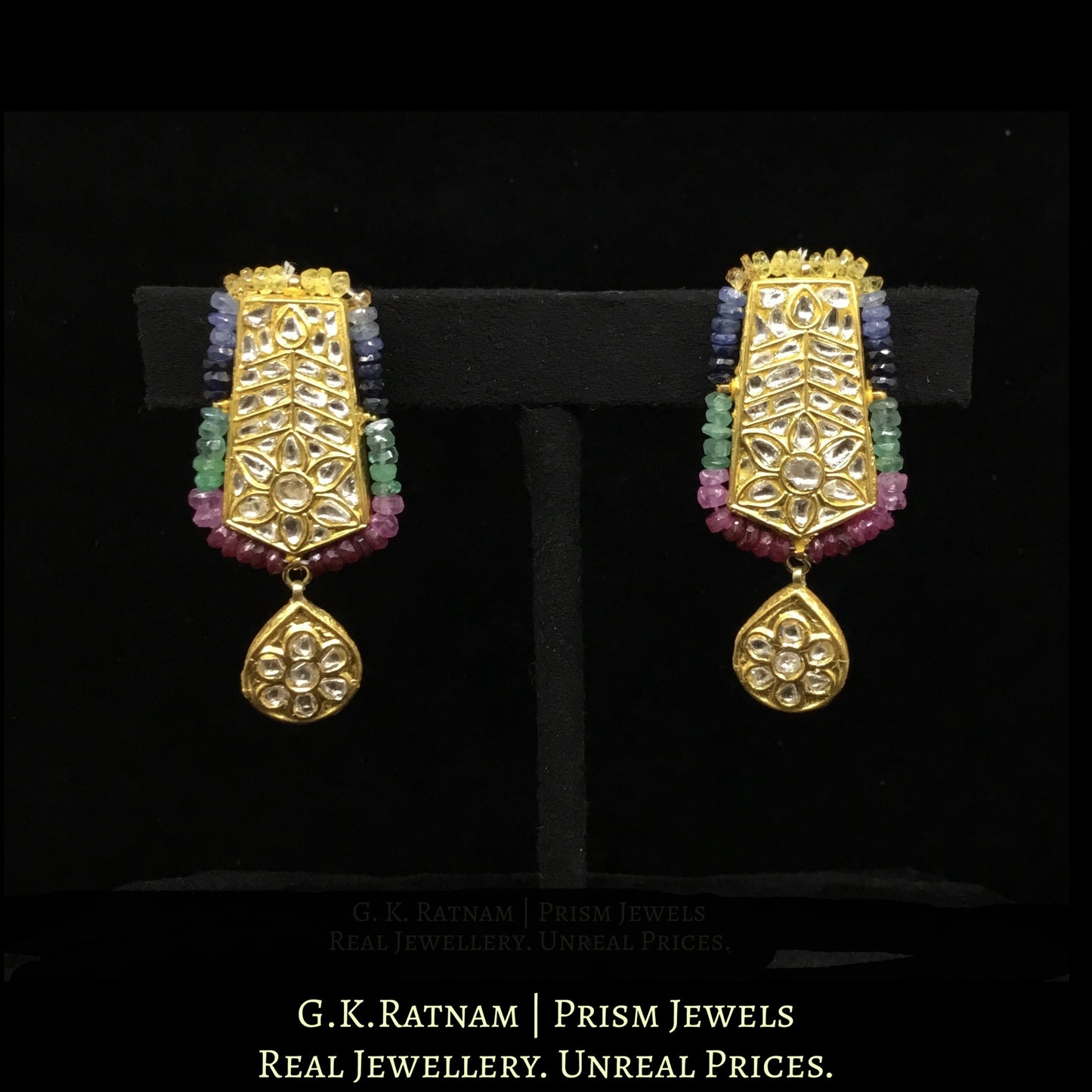 23k Gold and Diamond Polki tie-shaped Pendant Set strung with natural multi-color rainbow beads - G. K. Ratnam