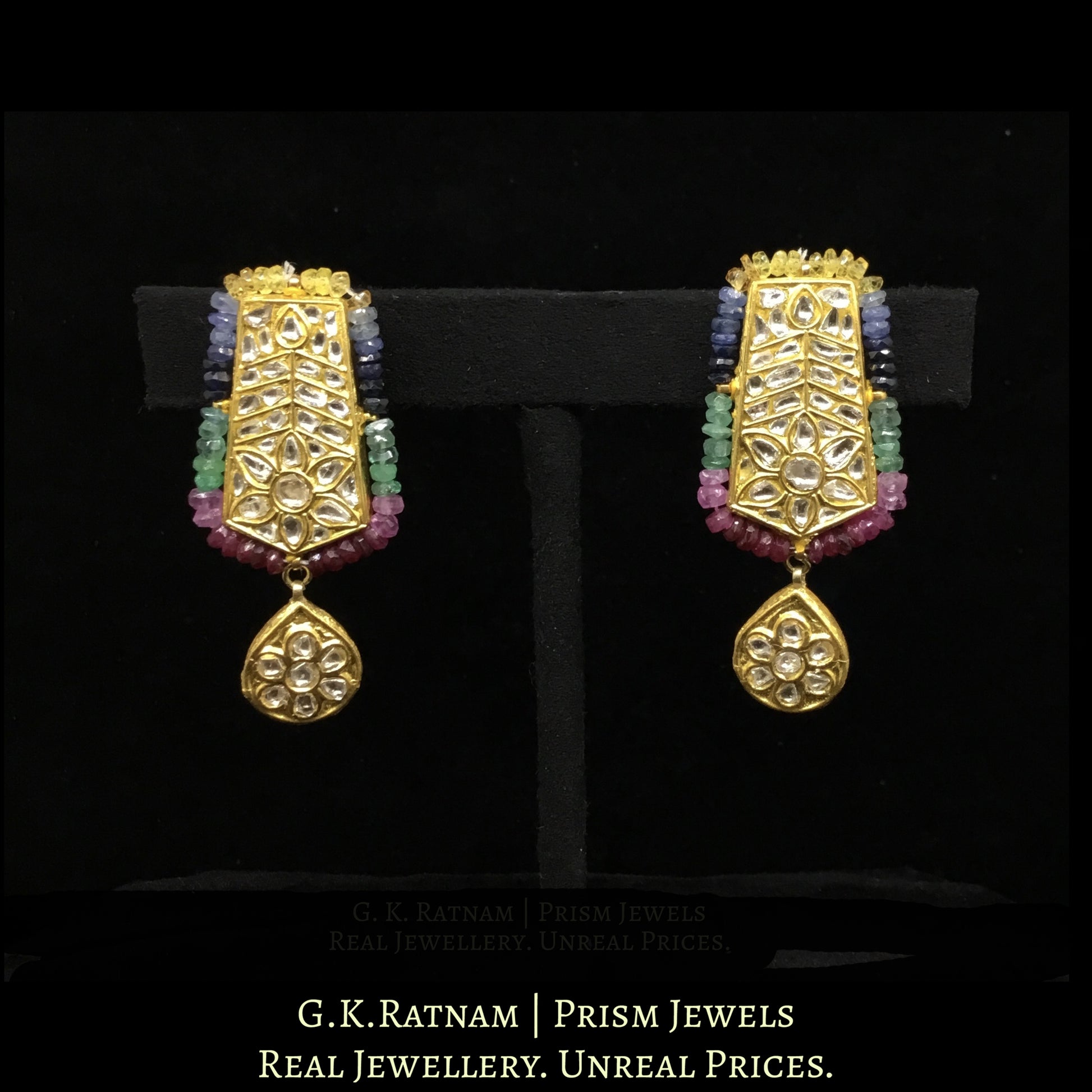 23k Gold and Diamond Polki tie-shaped Pendant Set strung with natural multi-color rainbow beads - G. K. Ratnam