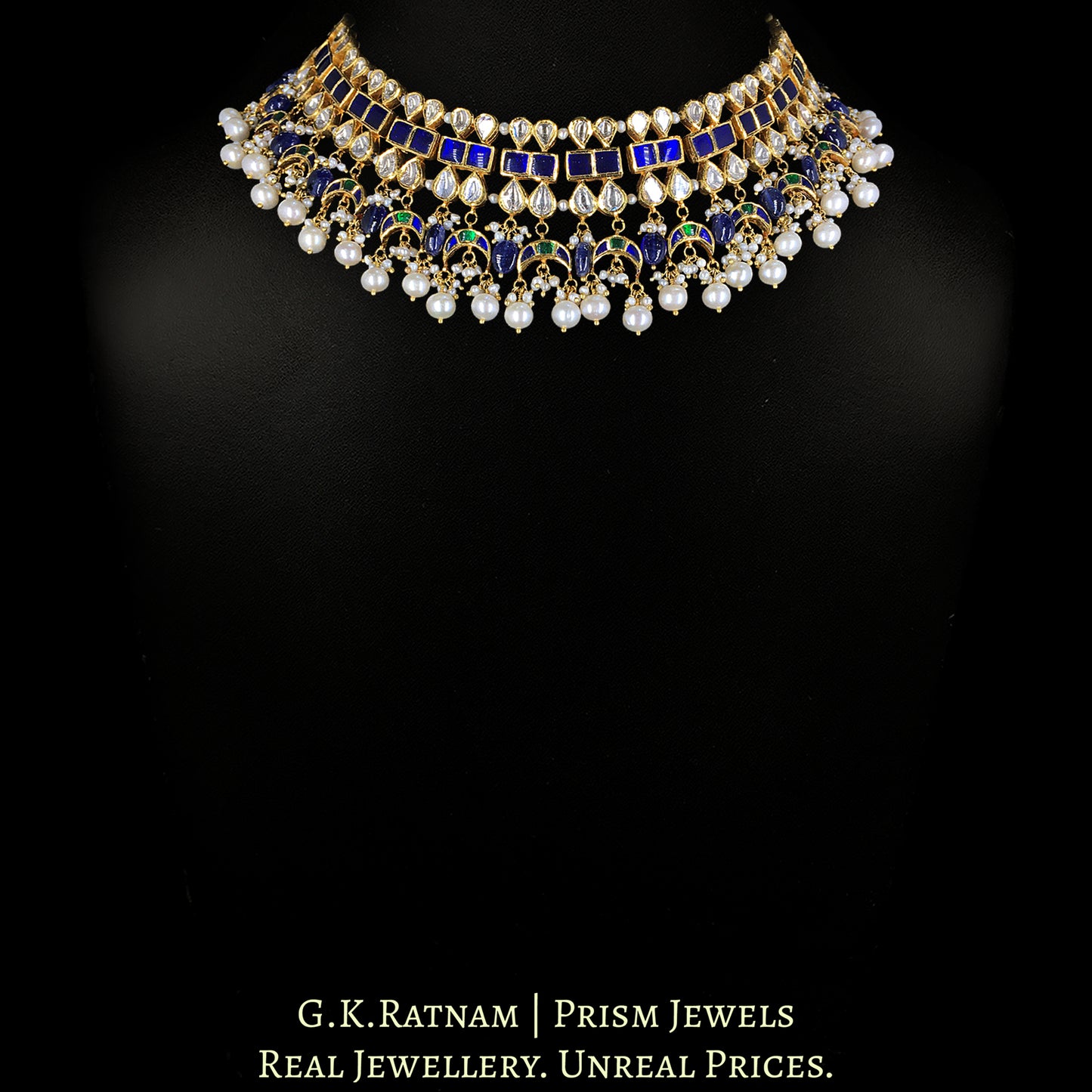 14k Gold and Diamond Polki Necklace with Blue Sapphires and Natural Freshwater Pearls - G. K. Ratnam