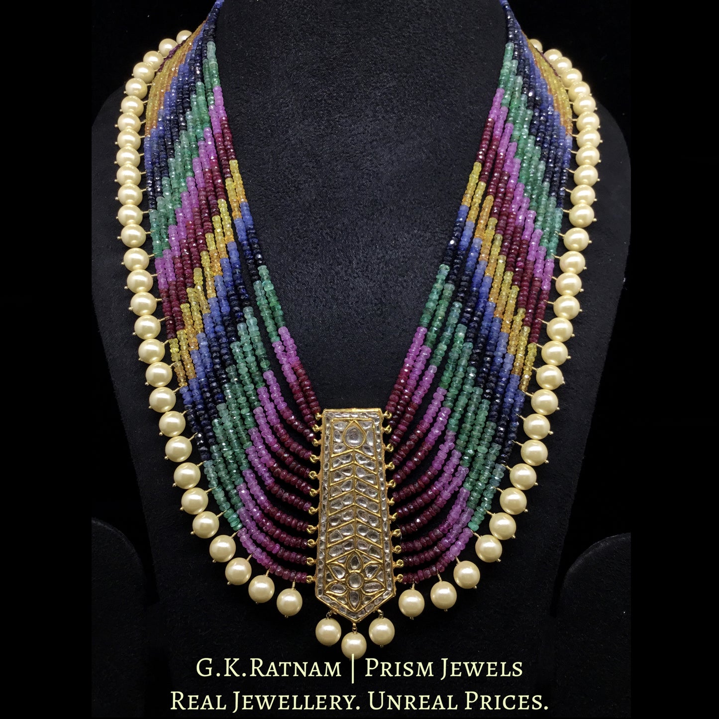 23k Gold and Diamond Polki tie-shaped Pendant Set strung with natural multi-color rainbow beads - G. K. Ratnam