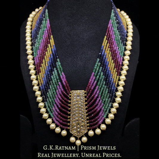23k Gold and Diamond Polki tie-shaped Pendant Set strung with natural multi-color rainbow beads - G. K. Ratnam