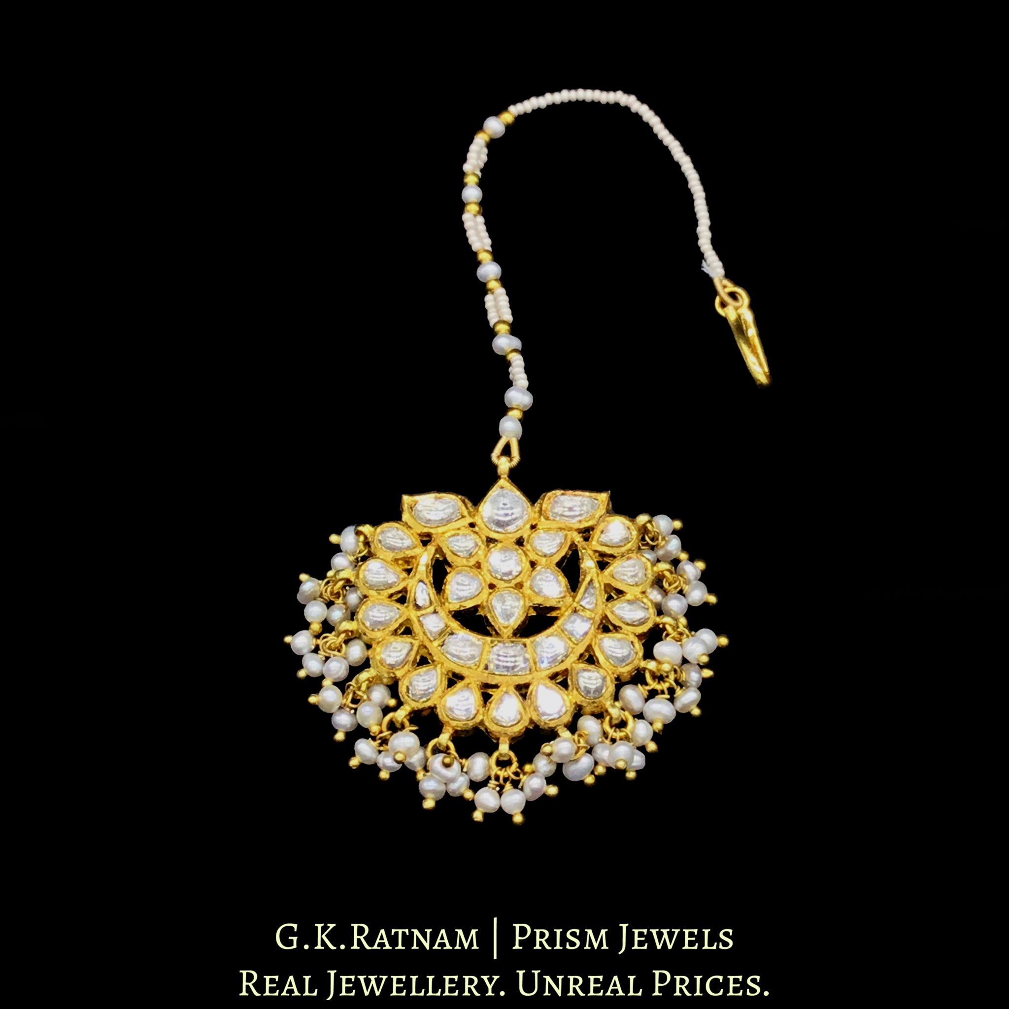 18k Gold and Diamond Polki Maang Tika with Natural Freshwater Pearls