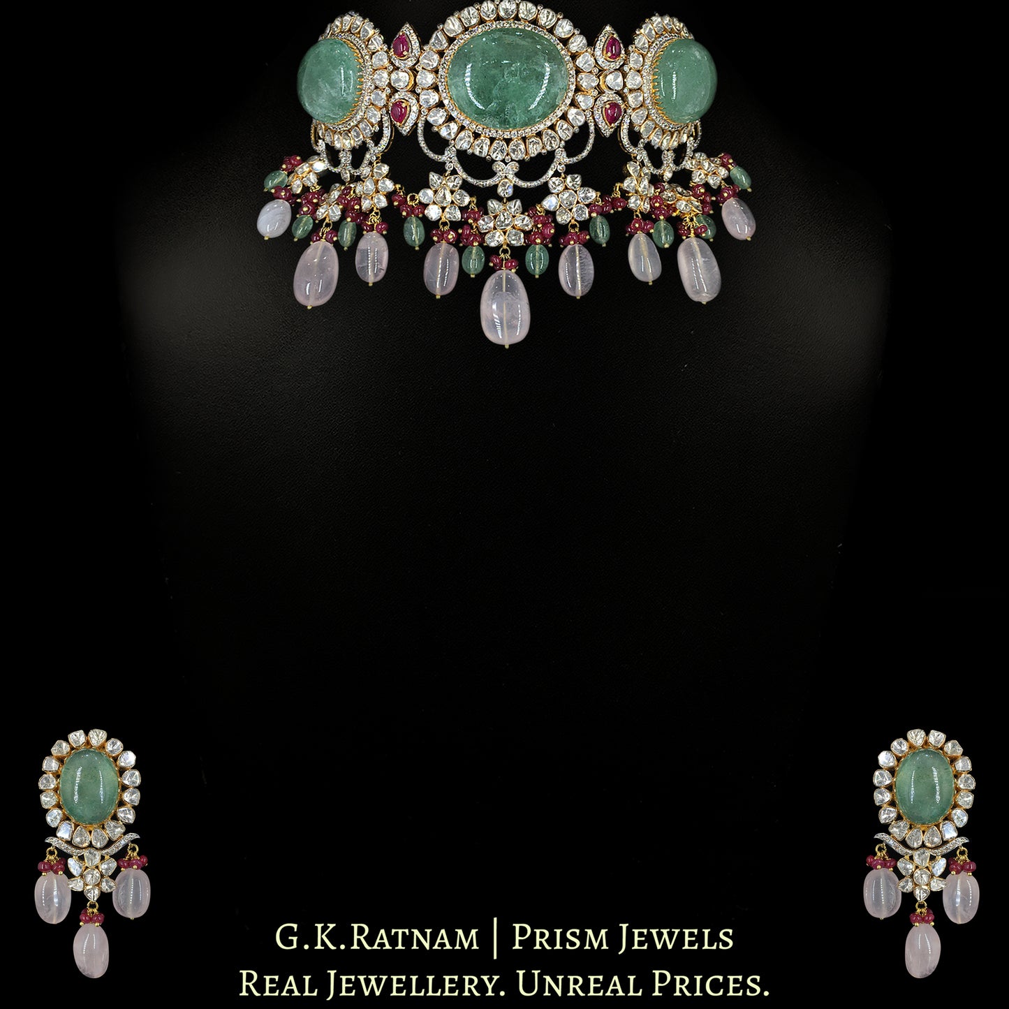 18k Gold and Diamond Polki Open Setting Necklace Set with Strawberry Quartz and Rose Quartz - G. K. Ratnam