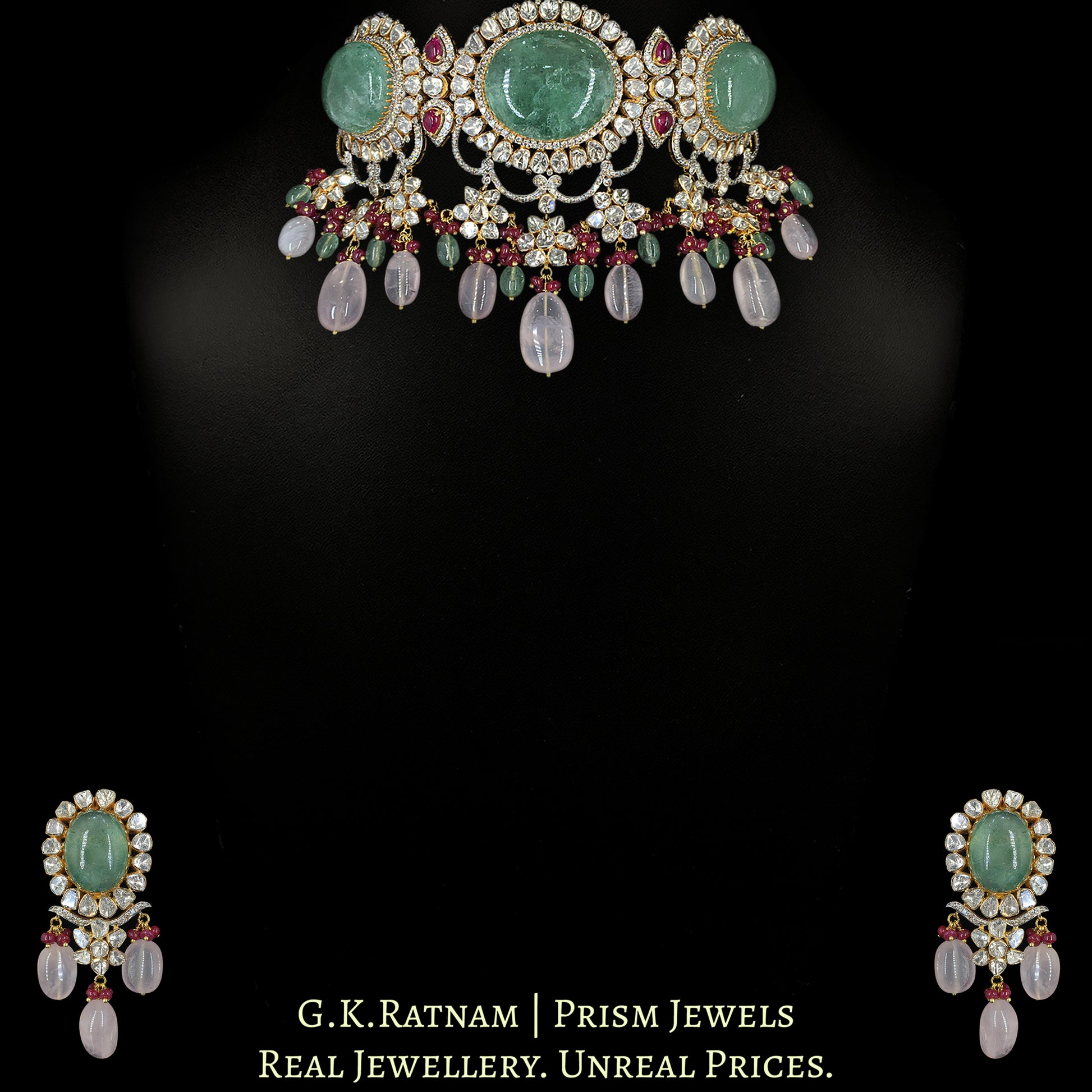 18k Gold and Diamond Polki Open Setting Necklace Set with Strawberry Quartz and Rose Quartz - G. K. Ratnam