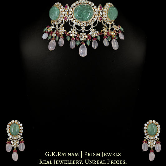 18k Gold and Diamond Polki Open Setting Necklace Set with Strawberry Quartz and Rose Quartz - G. K. Ratnam