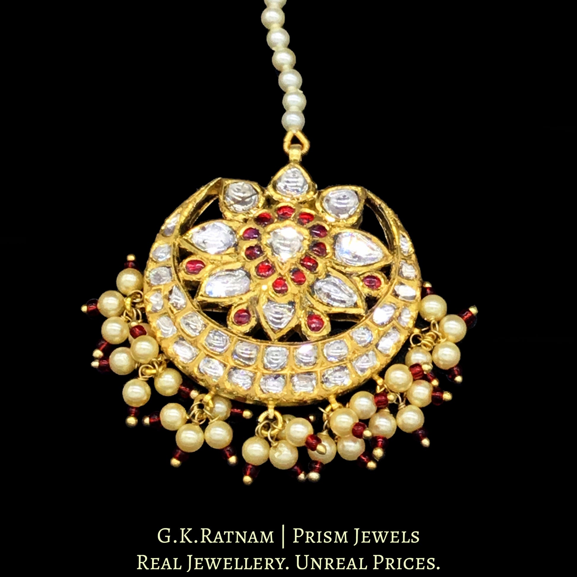 18k Gold and Diamond Polki Maang Tika with a hint of red - G. K. Ratnam
