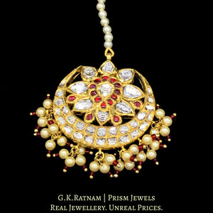 18k Gold and Diamond Polki Maang Tika with a hint of red