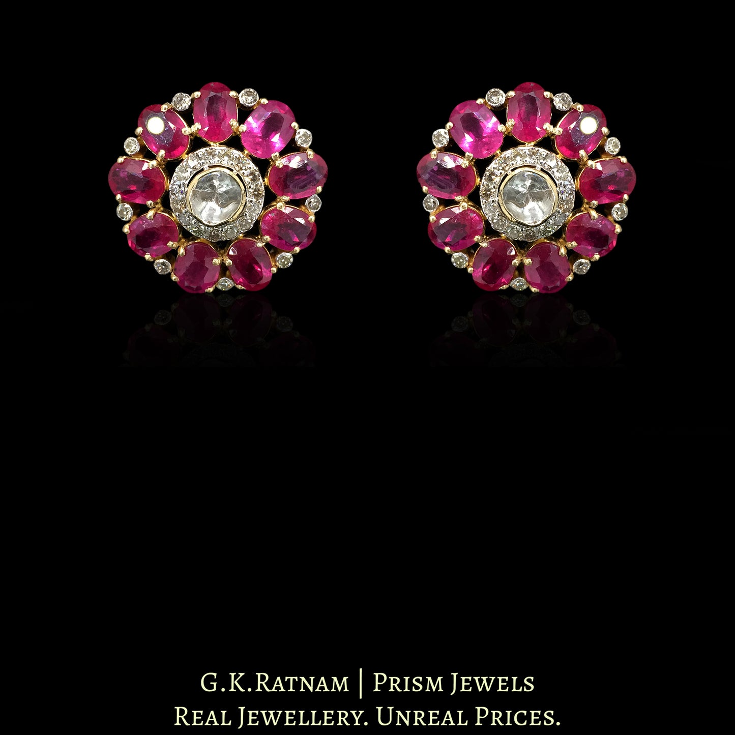 18k Gold and Diamond Polki Open Setting Necklace Set with Rubies