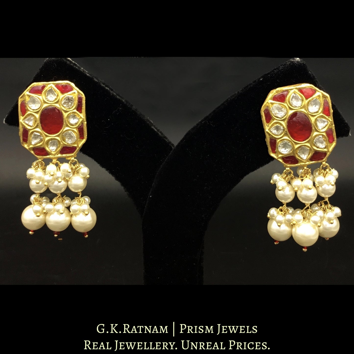 23k Gold and Diamond Polki Ruby Hybrid Pendant Set with tiny chid pearl bunches