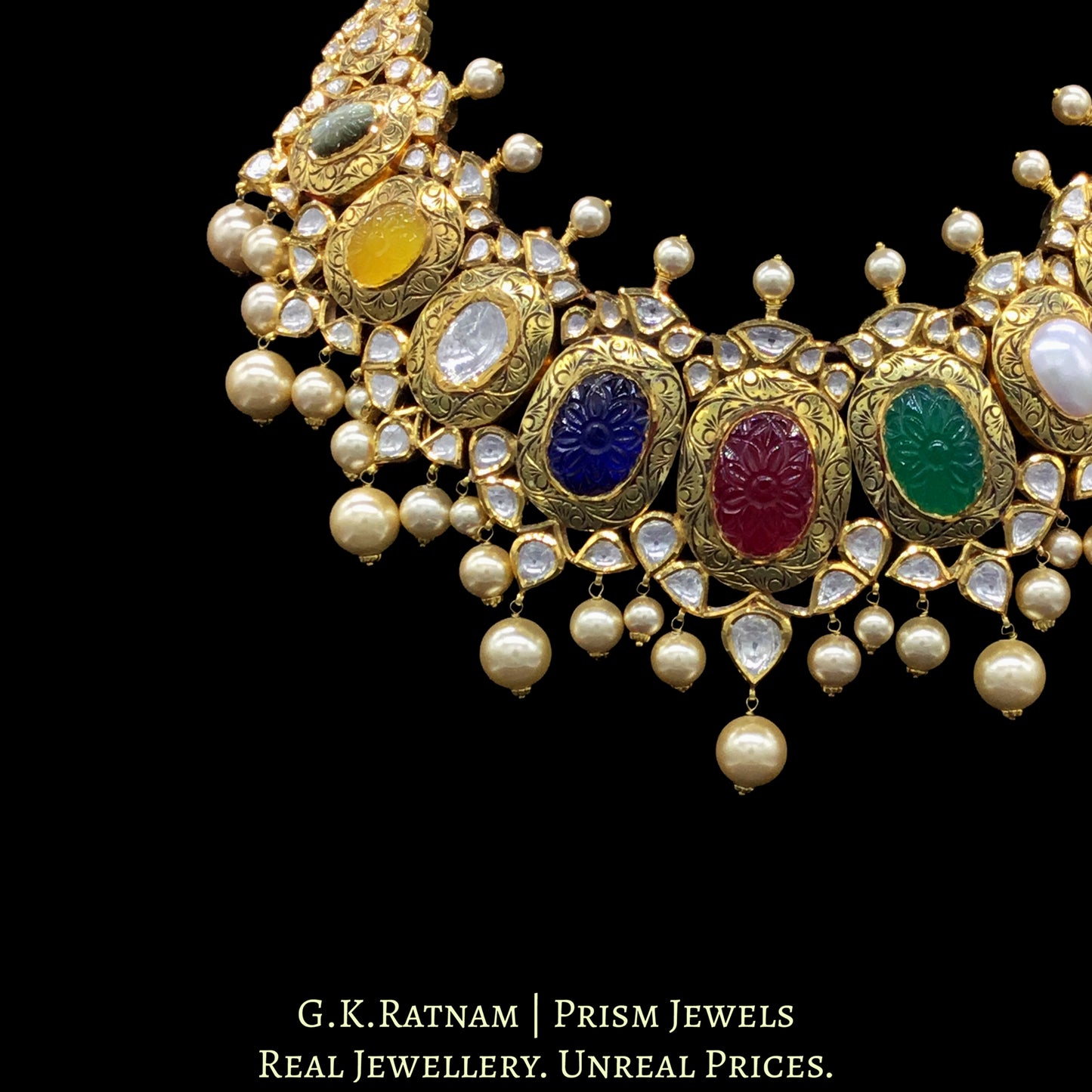 18k Gold and Diamond Polki Navratna Necklace Set with intricate goldwork around Navratan Carved Stones - G. K. Ratnam