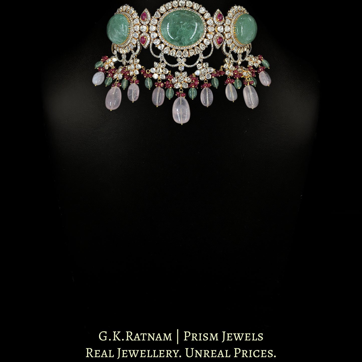 18k Gold and Diamond Polki Open Setting Necklace Set with Strawberry Quartz and Rose Quartz - G. K. Ratnam