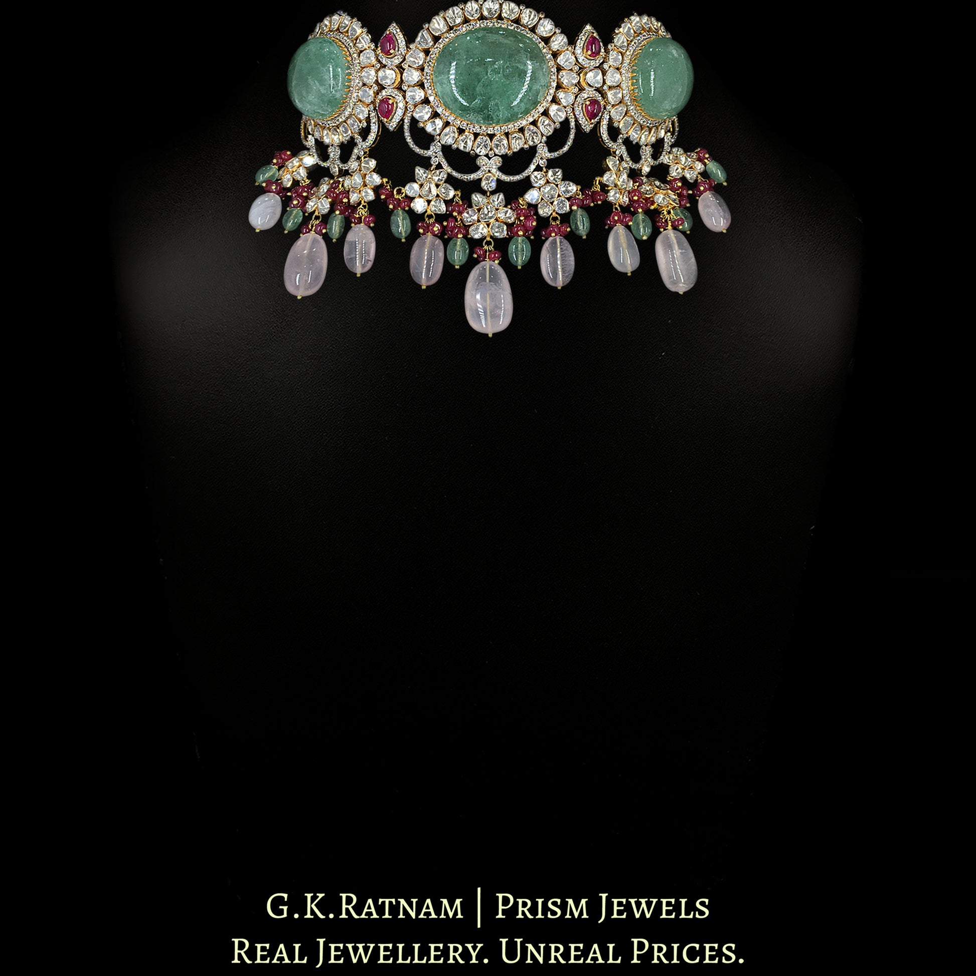 18k Gold and Diamond Polki Open Setting Necklace Set with Strawberry Quartz and Rose Quartz - G. K. Ratnam