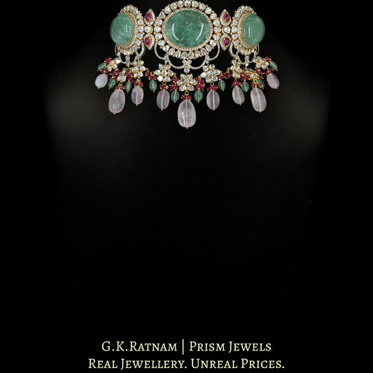 18k Gold and Diamond Polki Open Setting Necklace Set with Strawberry Quartz and Rose Quartz - G. K. Ratnam