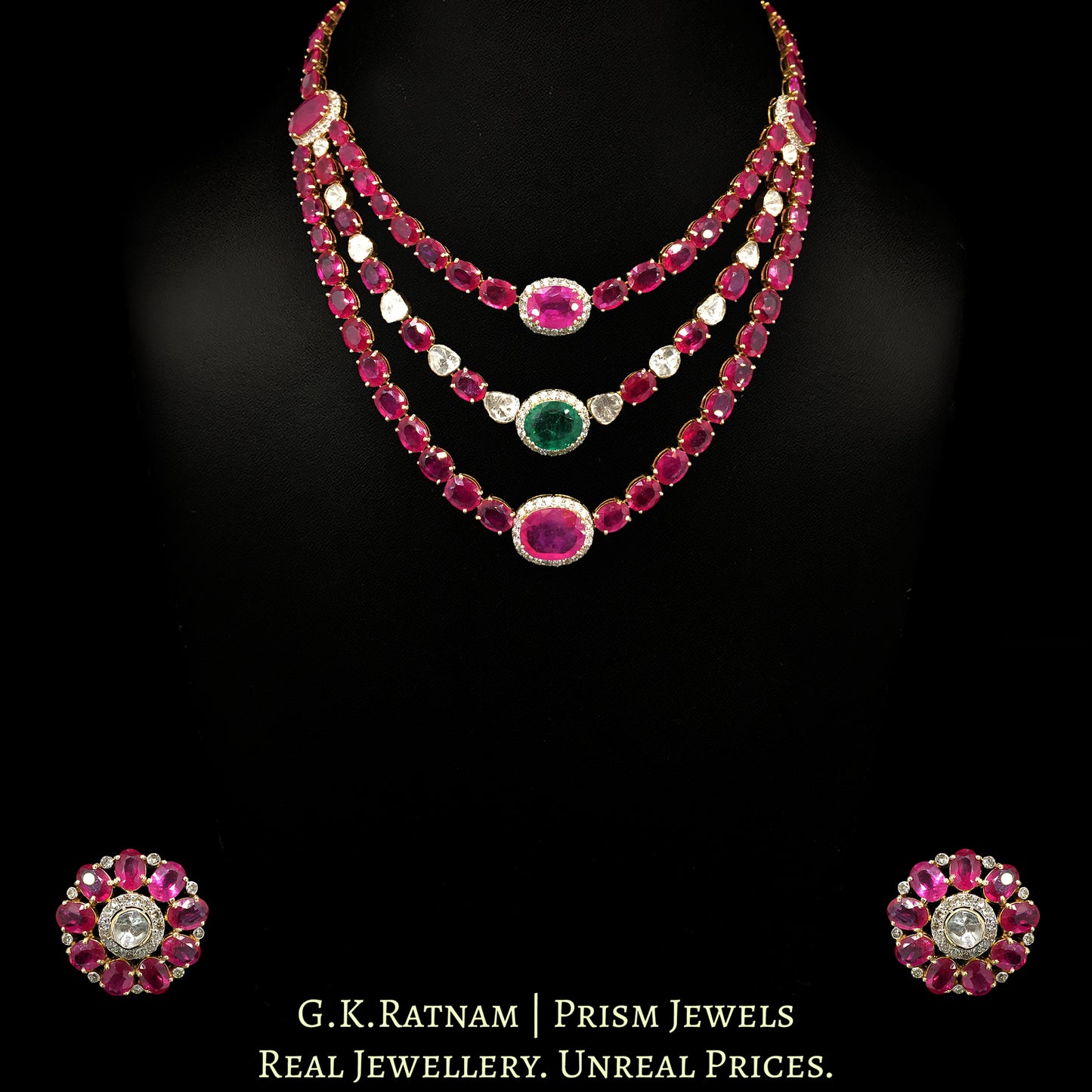 18k Gold and Diamond Polki Open Setting Necklace Set with Rubies