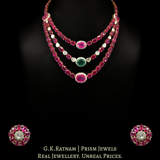 18k Gold and Diamond Polki Open Setting Necklace Set with Rubies