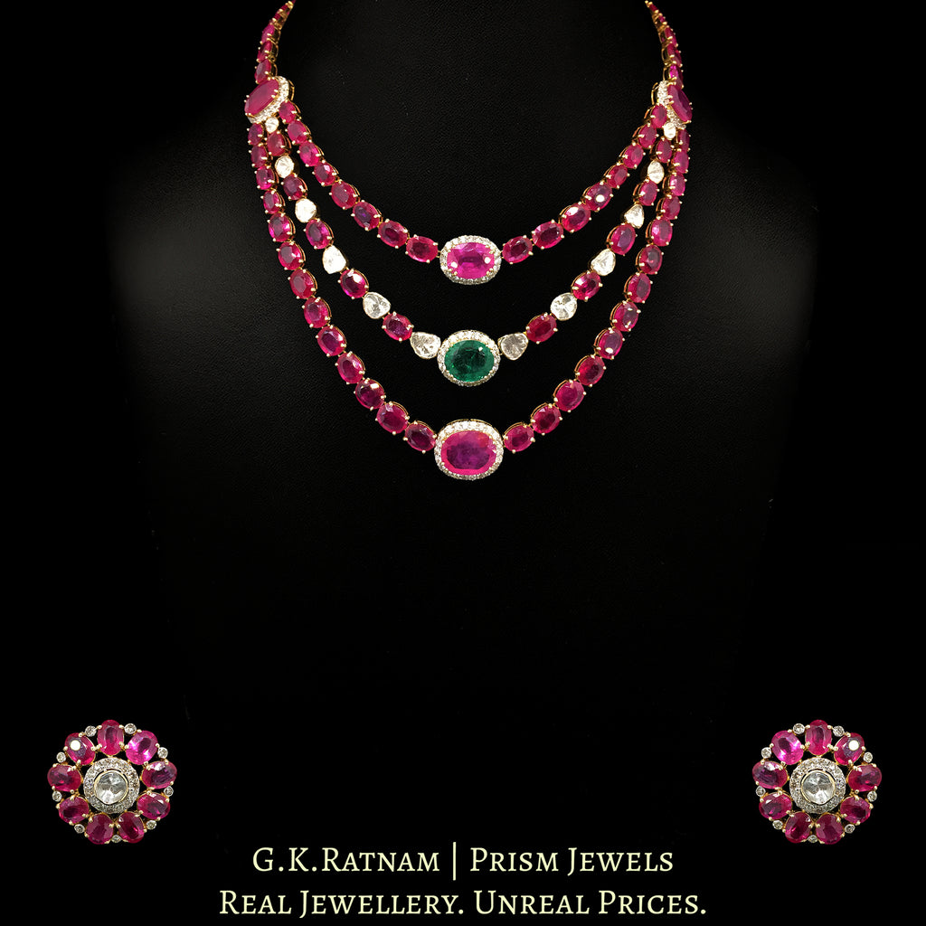 18k Gold and Diamond Polki Open Setting Necklace Set with Rubies