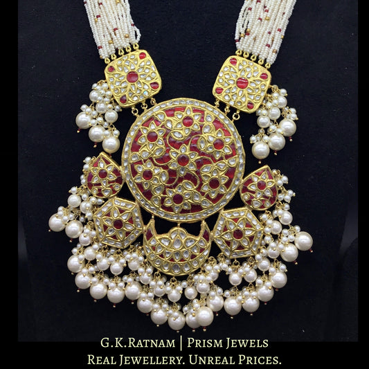 23k Gold and Diamond Polki Ruby Hybrid Pendant Set with tiny chid pearl bunches