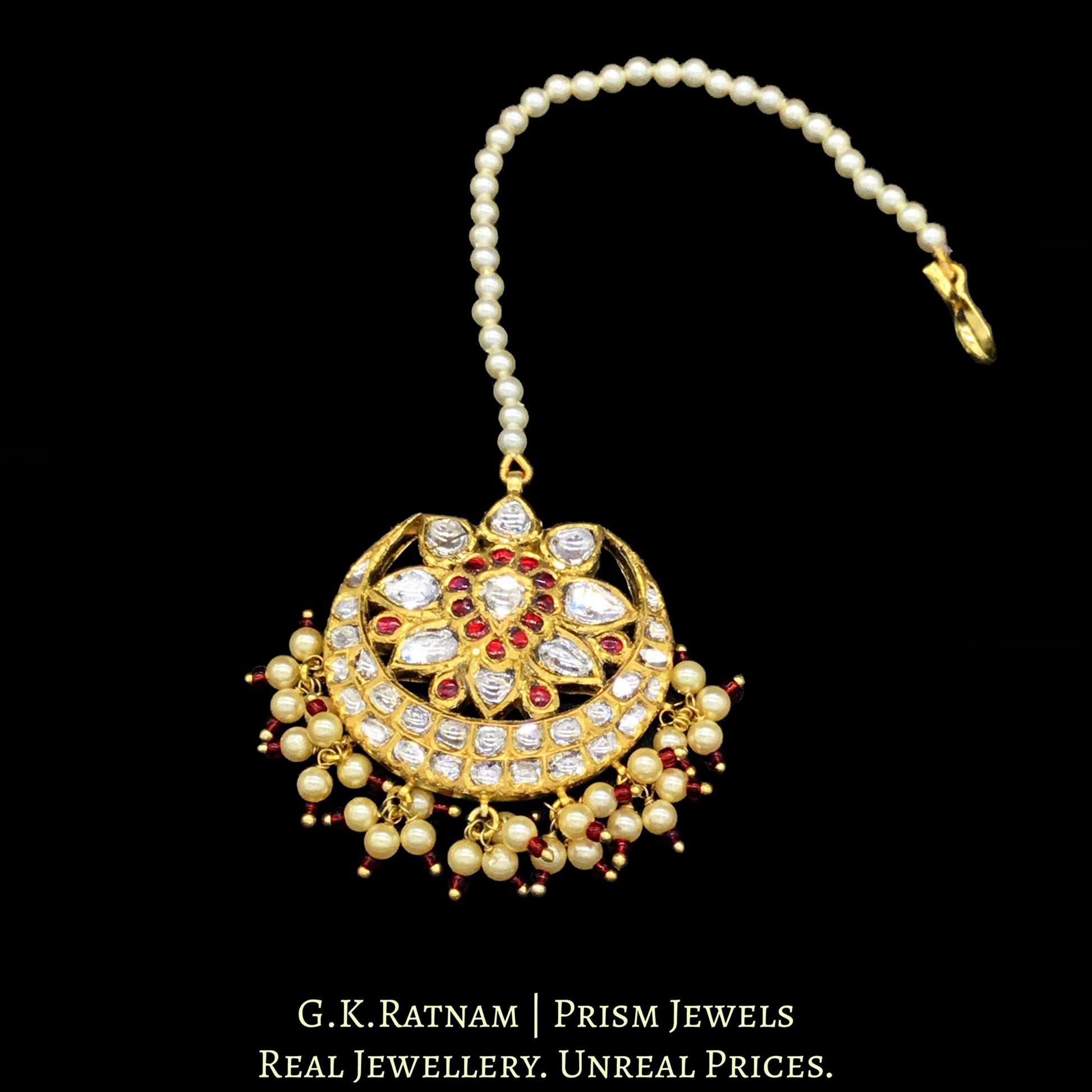 18k Gold and Diamond Polki Maang Tika with a hint of red - G. K. Ratnam