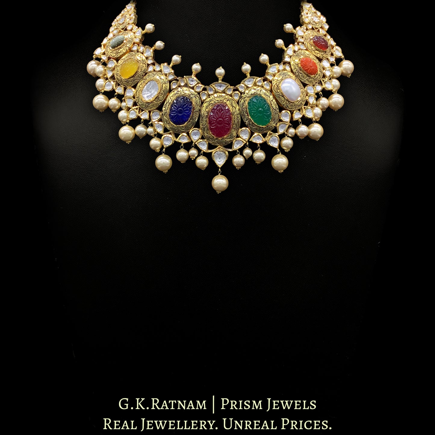 18k Gold and Diamond Polki Navratna Necklace Set with intricate goldwork around Navratan Carved Stones - G. K. Ratnam