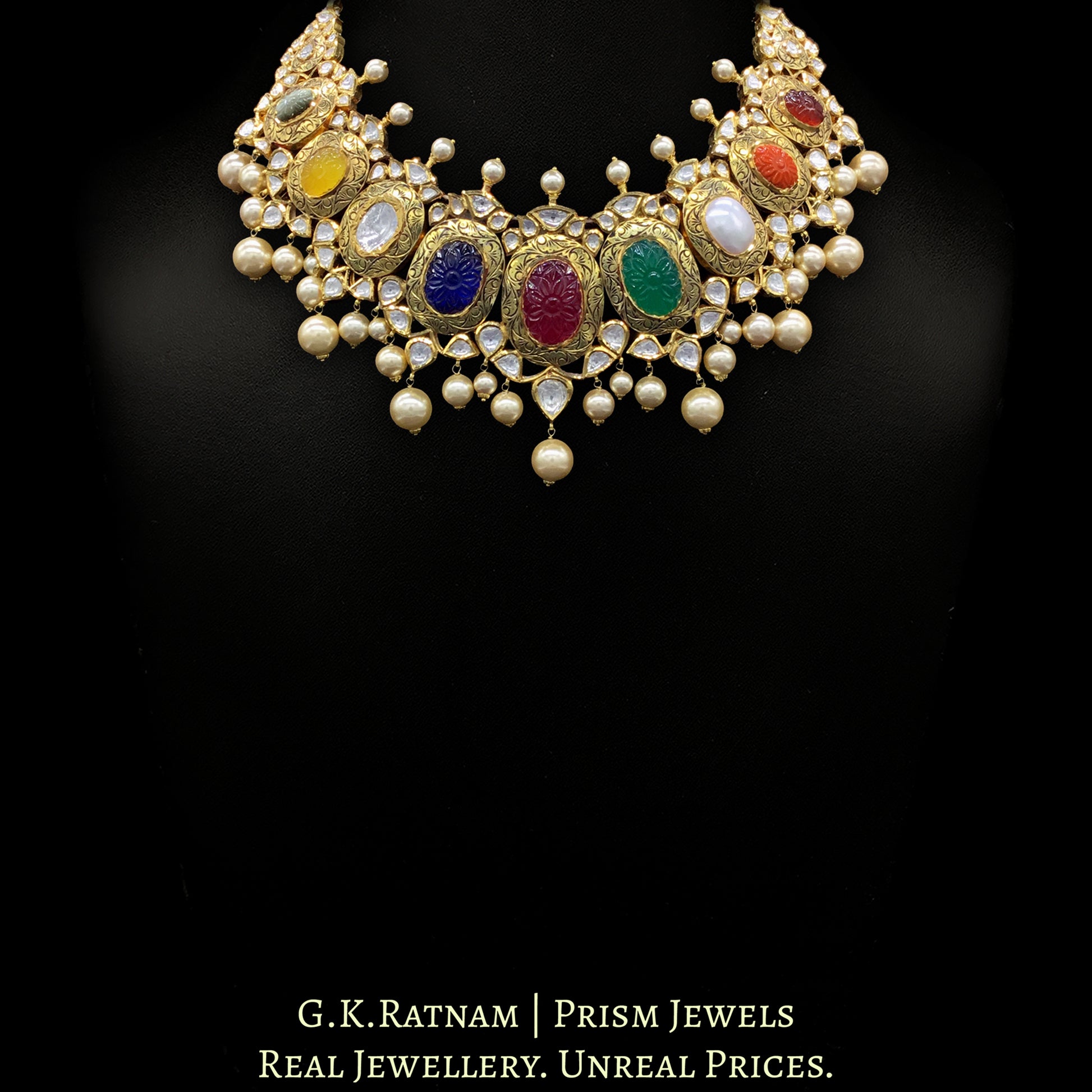 18k Gold and Diamond Polki Navratna Necklace Set with intricate goldwork around Navratan Carved Stones - G. K. Ratnam