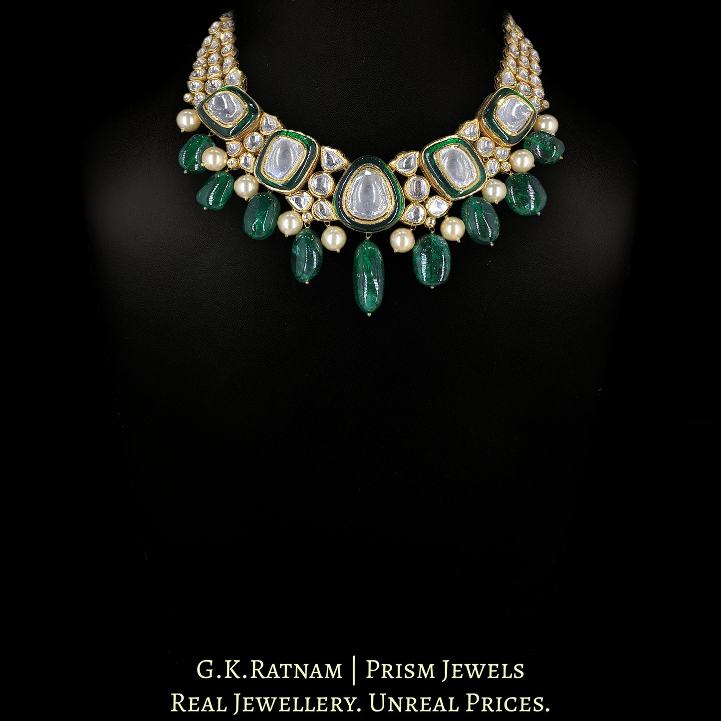 18k Gold and Diamond Polki Necklace with emerald-grade chunky Beryl Hangings