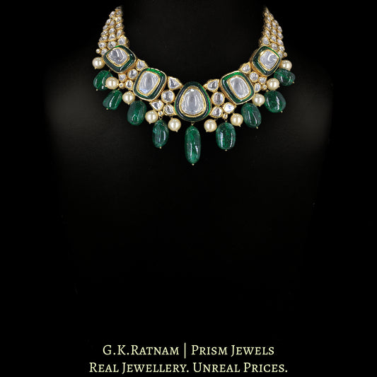 18k Gold and Diamond Polki Necklace with emerald-grade chunky Beryl Hangings