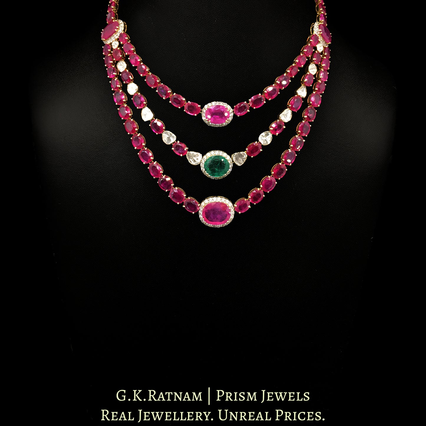 18k Gold and Diamond Polki Open Setting Necklace Set with Rubies
