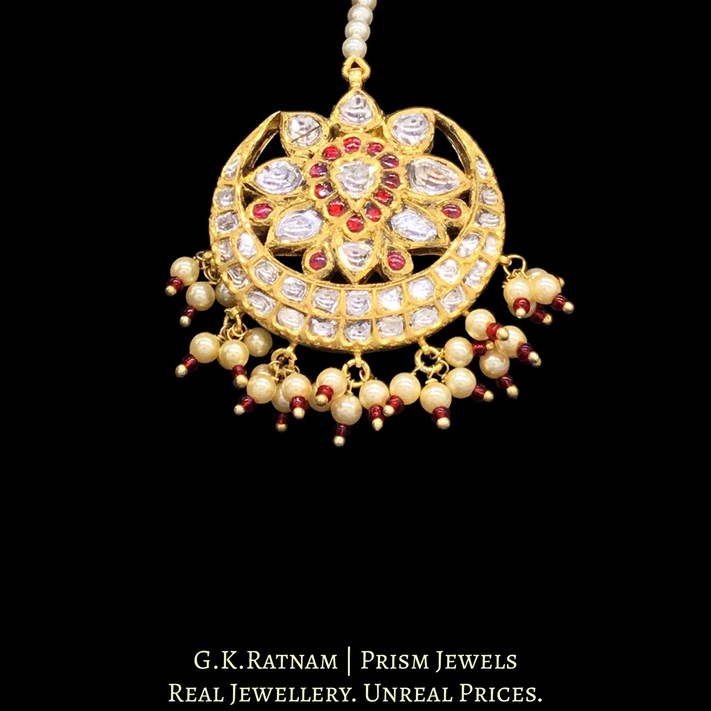 18k Gold and Diamond Polki Maang Tika with a hint of red - G. K. Ratnam