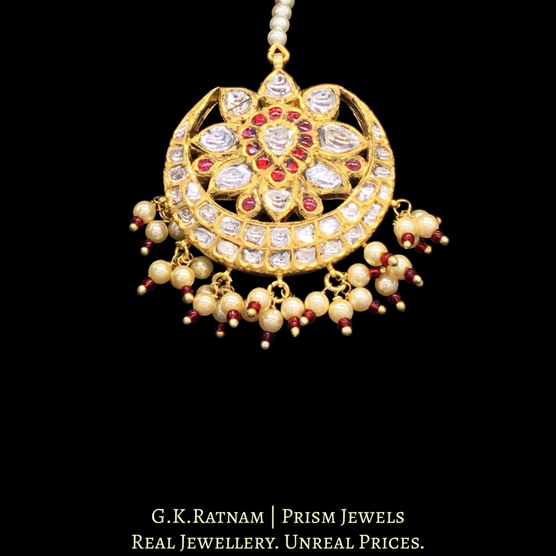 18k Gold and Diamond Polki Maang Tika with a hint of red - G. K. Ratnam