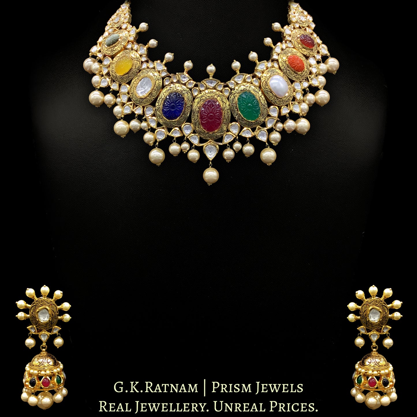 18k Gold and Diamond Polki Navratna Necklace Set with intricate goldwork around Navratan Carved Stones - G. K. Ratnam