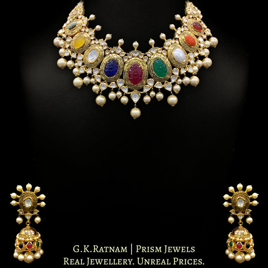 18k Gold and Diamond Polki Navratna Necklace Set with intricate goldwork around Navratan Carved Stones - G. K. Ratnam