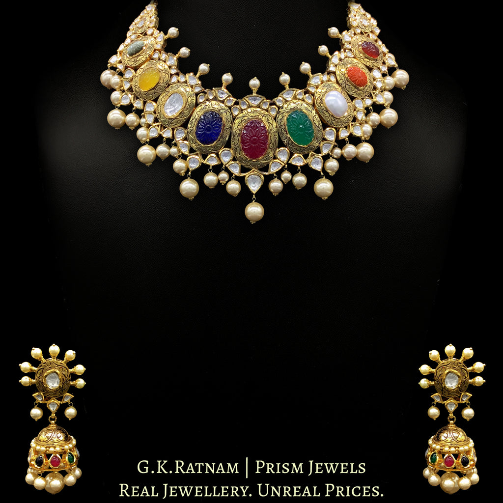 18k Gold and Diamond Polki Navratna Necklace Set with intricate goldwork around Navratan Carved Stones
