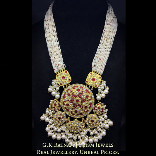 23k Gold and Diamond Polki Ruby Hybrid Pendant Set with tiny chid pearl bunches