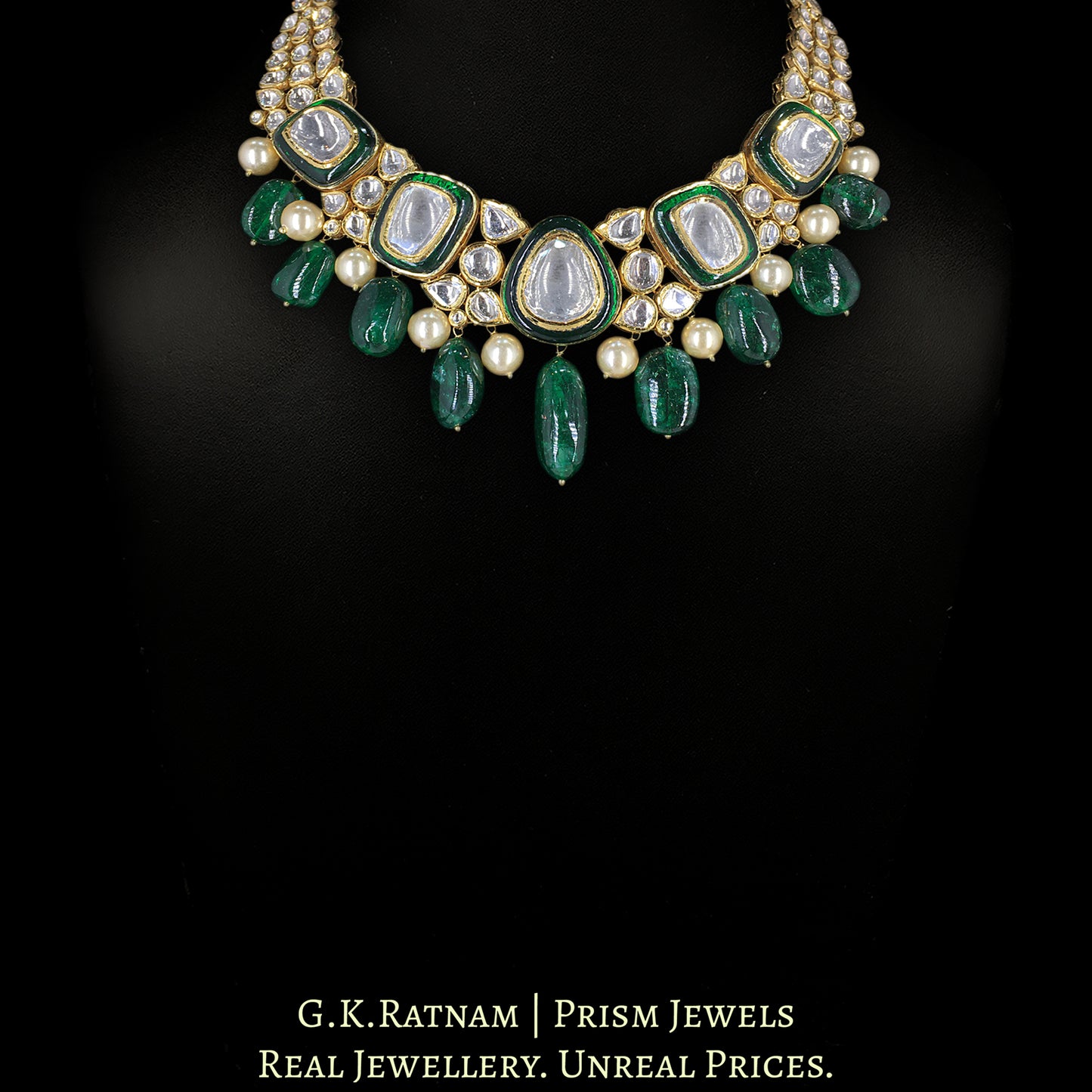 18k Gold and Diamond Polki Necklace with emerald-grade chunky Beryl Hangings