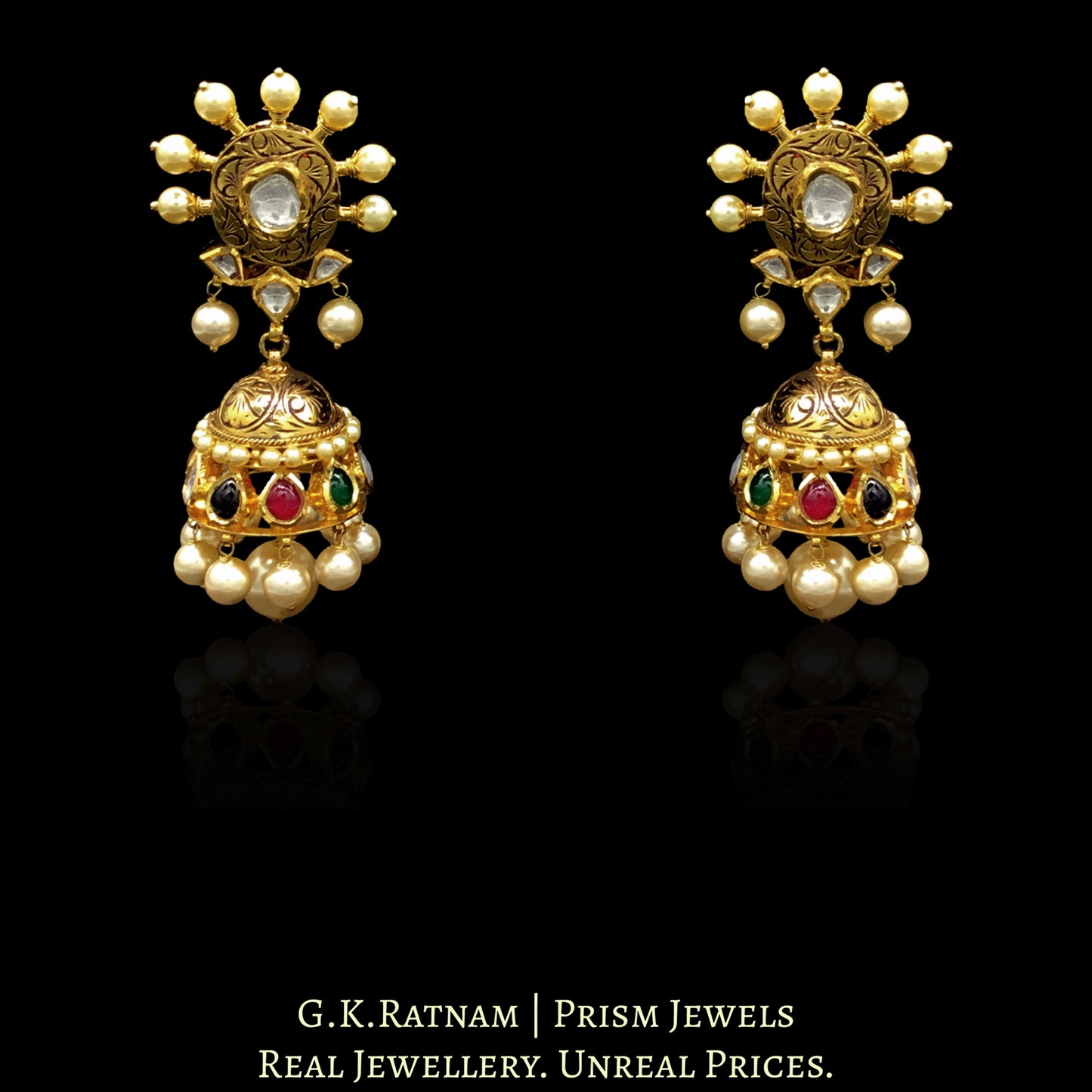 18k Gold and Diamond Polki Navratna Necklace Set with intricate goldwork around Navratan Carved Stones - G. K. Ratnam