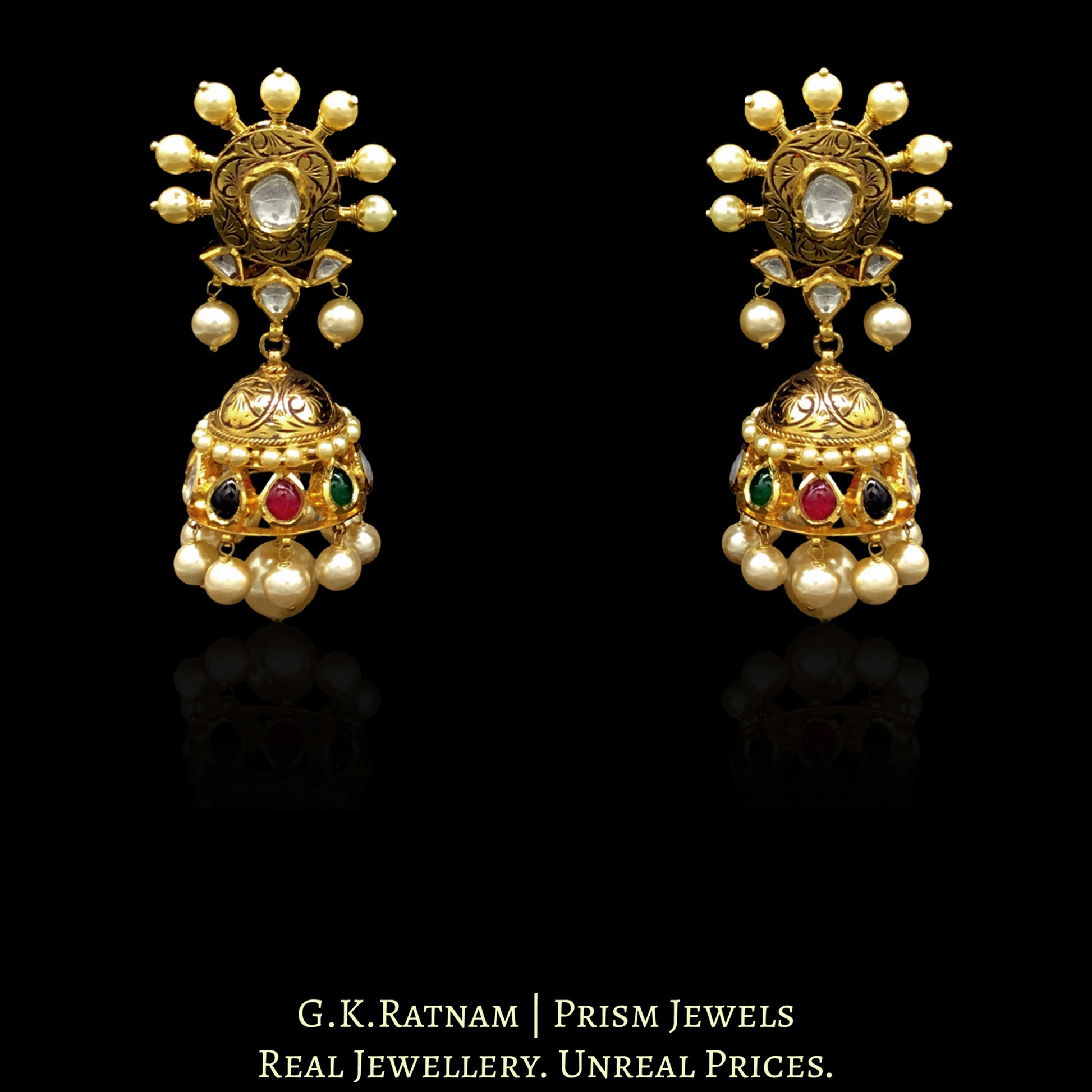 18k Gold and Diamond Polki Navratna Necklace Set with intricate goldwork around Navratan Carved Stones - G. K. Ratnam