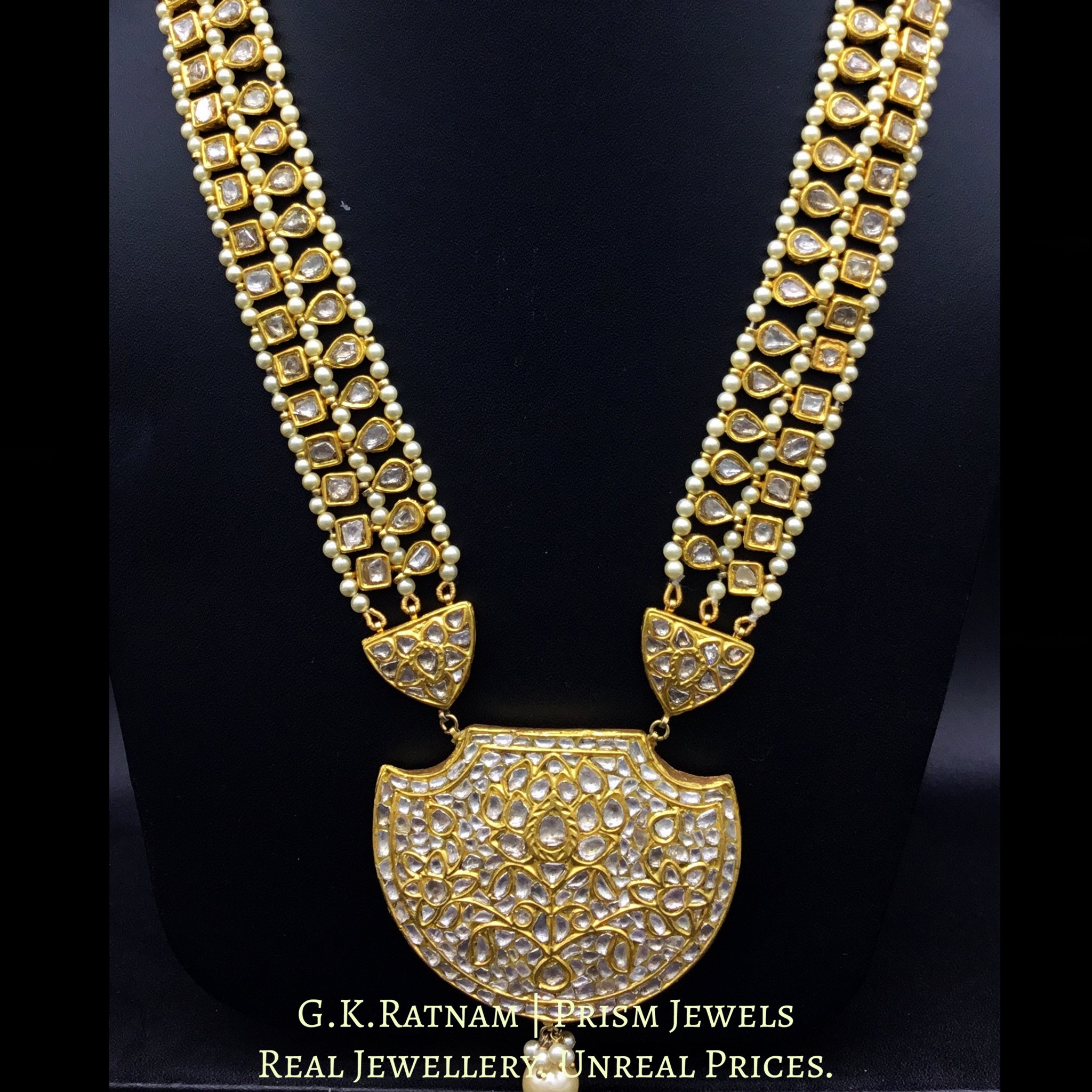 23k Gold and Diamond Polki Pankhi (fan) Pendant with Uncut Patrihaar / Ranihaar
