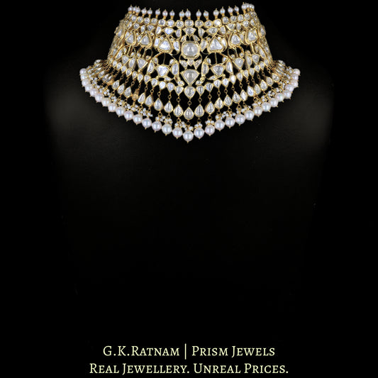 18k Gold and Diamond Polki Choker Necklace with Natural Freshwater Pearls