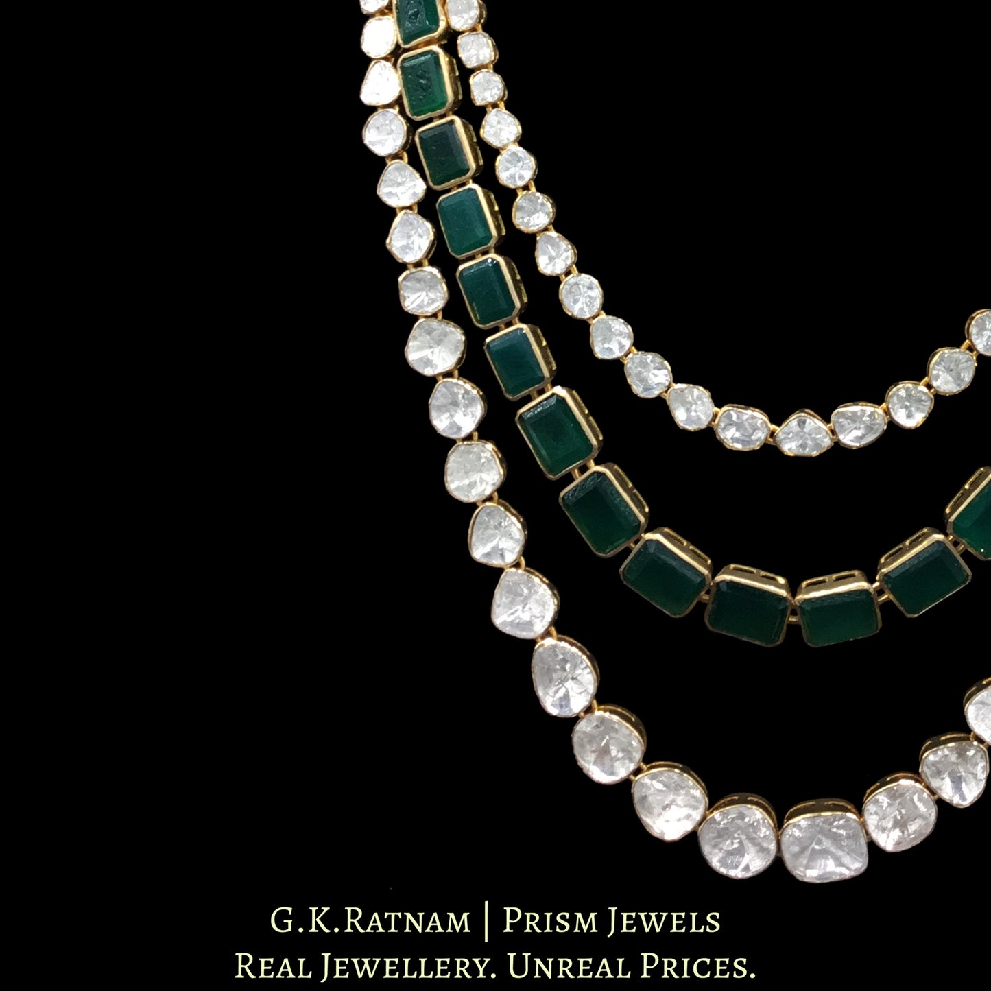 14k Gold and Diamond Polki Open Setting three-line Necklace Set with emerald-green stones