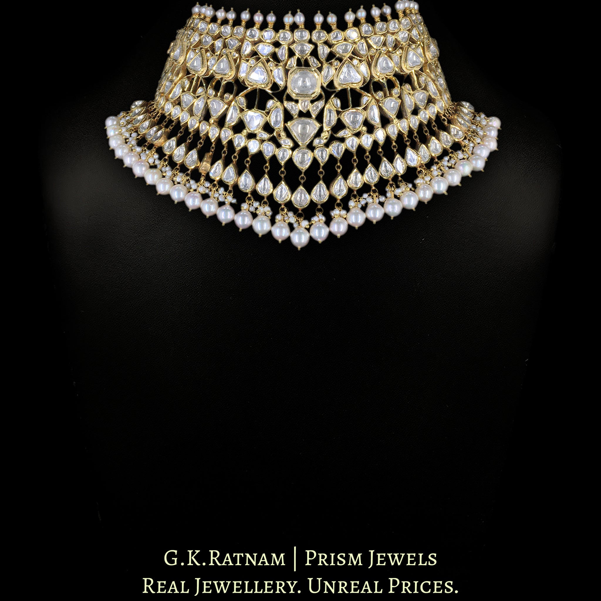 18k Gold and Diamond Polki Choker Necklace with Natural Freshwater Pearls