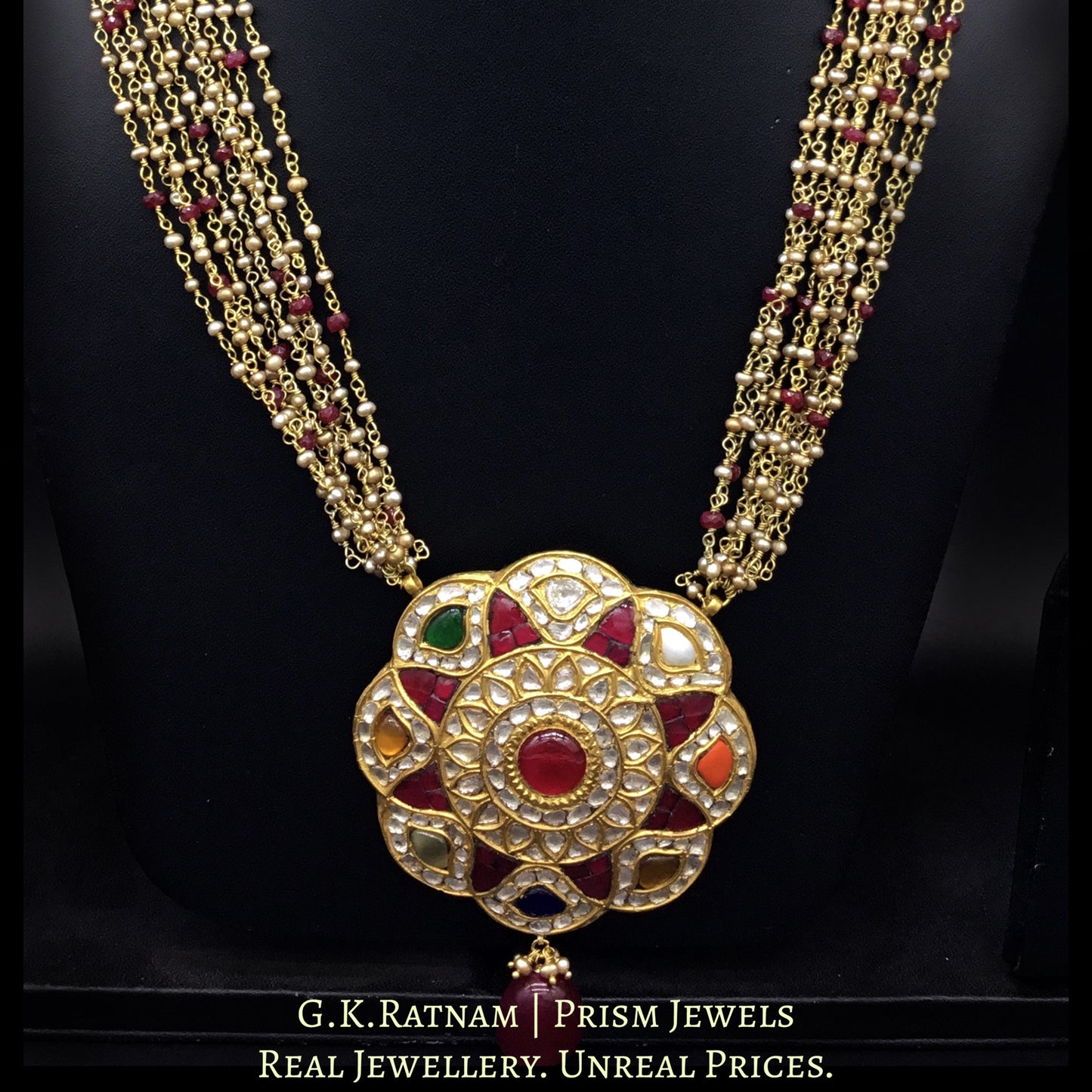 23k Gold and Diamond Polki Navratna floral Pendant with Antique Hyderabadi Pearl Chains