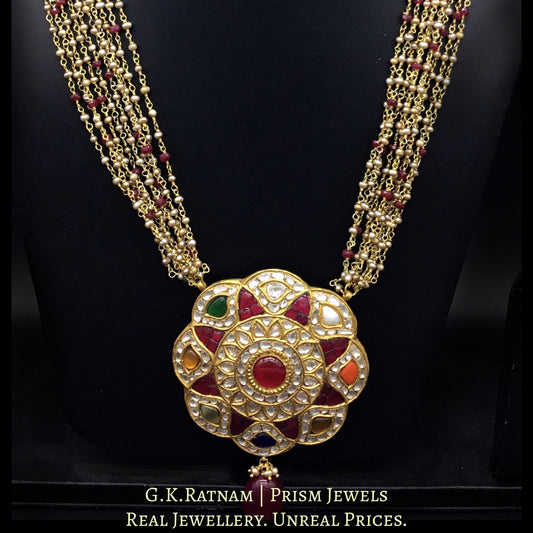 23k Gold and Diamond Polki Navratna floral Pendant with Antique Hyderabadi Pearl Chains