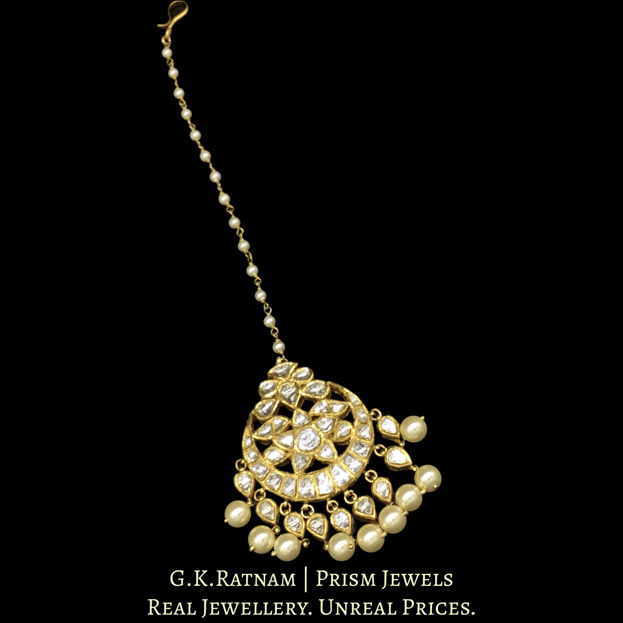 18k Gold and Diamond Polki Maang Tika with uncut pear-shaped hangings