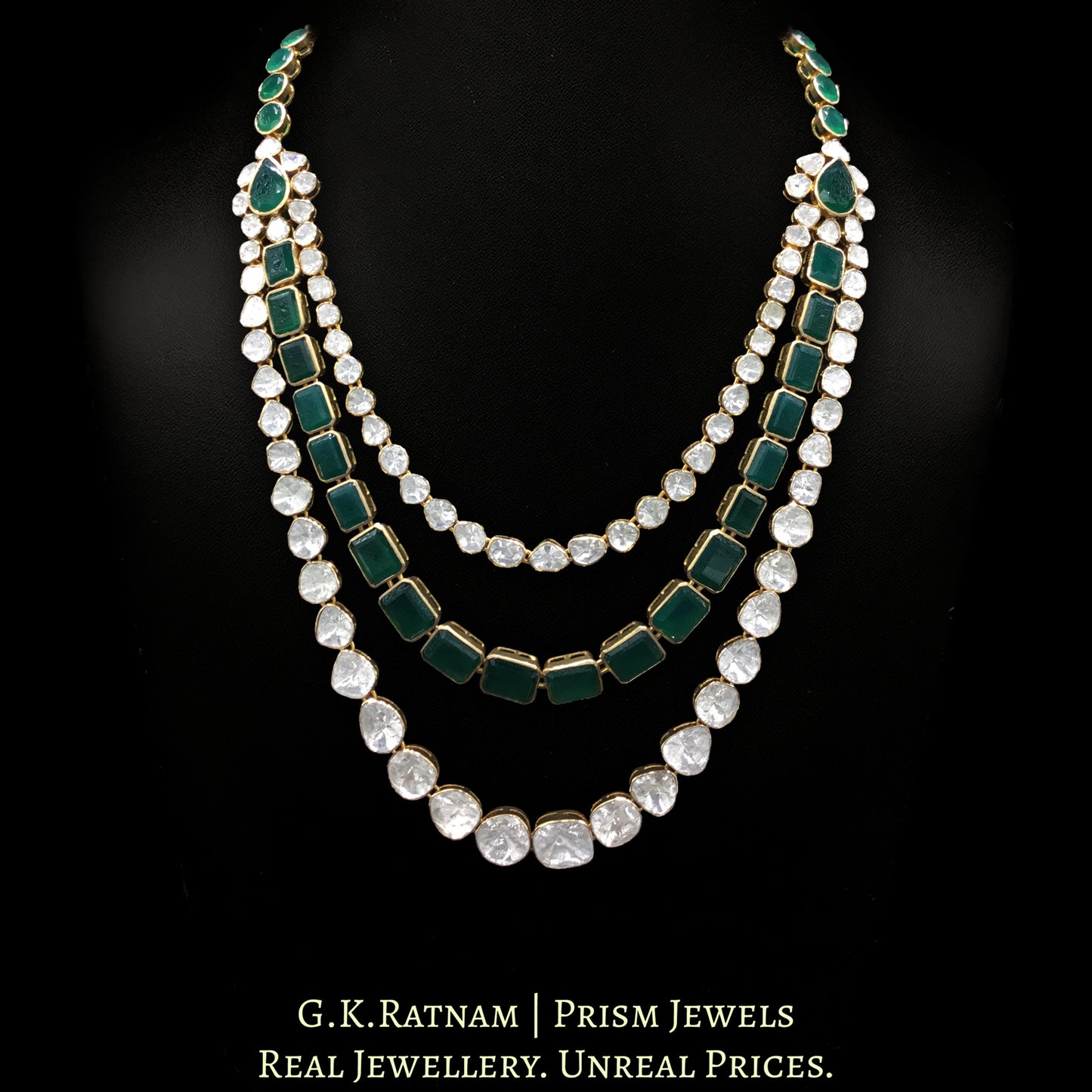 14k Gold and Diamond Polki Open Setting three-line Necklace Set with emerald-green stones