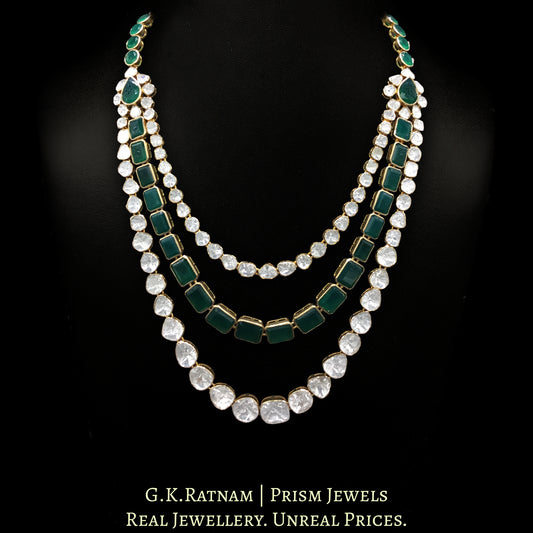 14k Gold and Diamond Polki Open Setting three-line Necklace Set with emerald-green stones