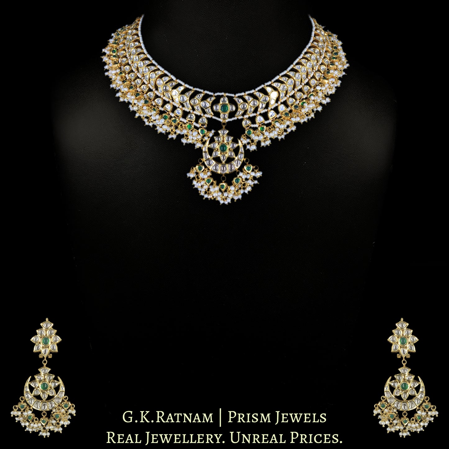 18k Gold and Diamond Polki Necklace Set with concentric crescents and heart-shaped drops