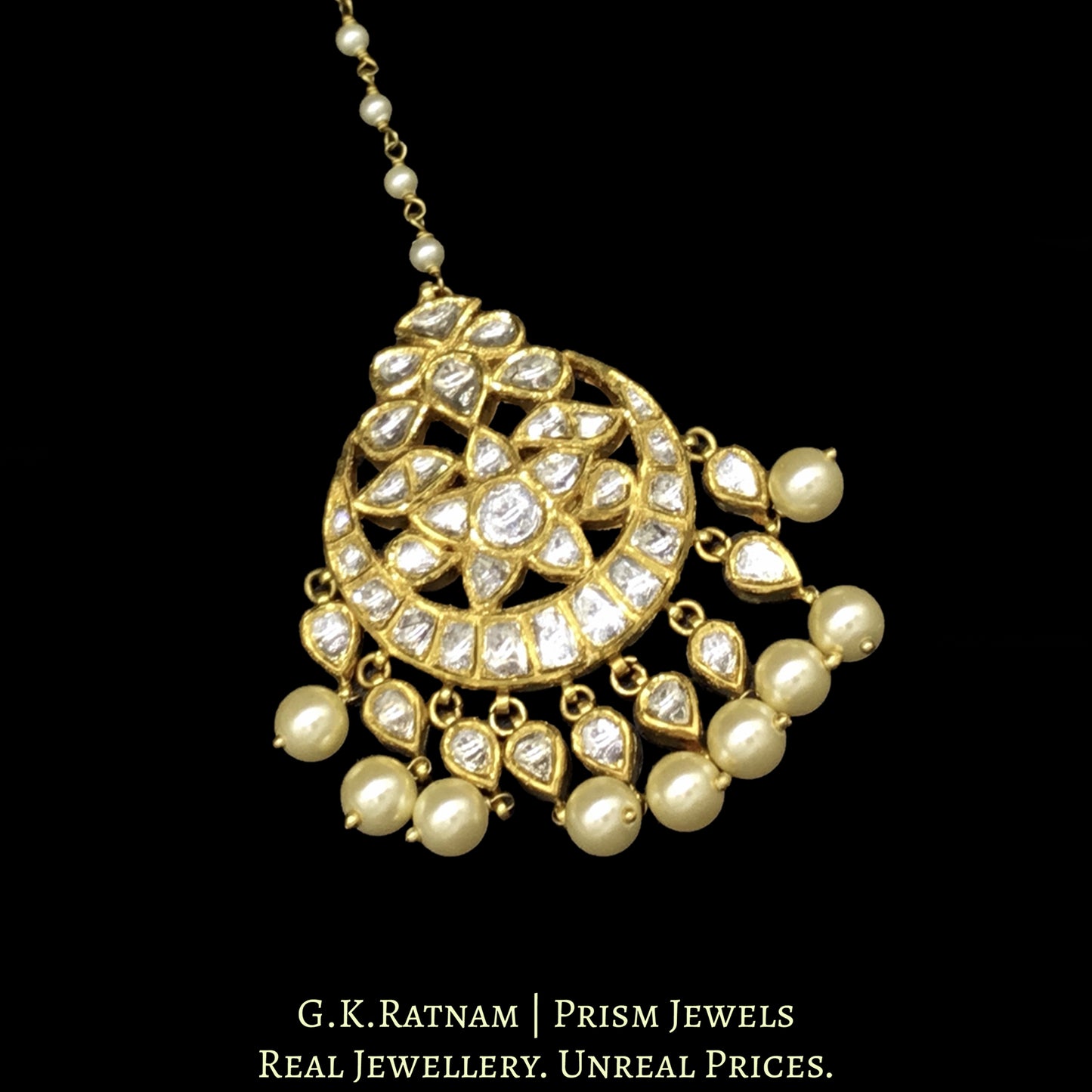 18k Gold and Diamond Polki Maang Tika with uncut pear-shaped hangings