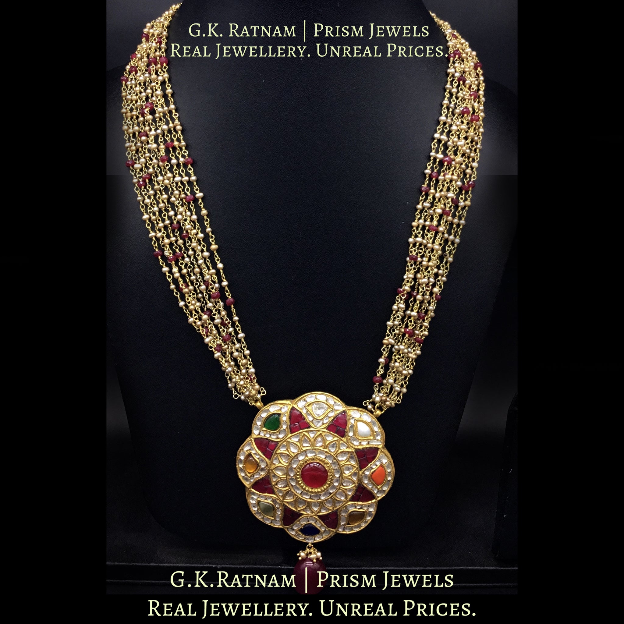 23k Gold and Diamond Polki Navratna floral Pendant with Antique Hyderabadi Pearl Chains